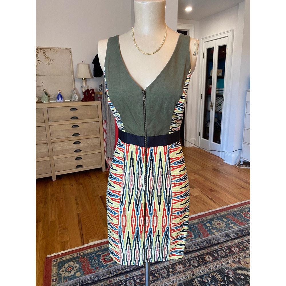 Rachel Rachel Roy Womens Ikat Print Front Zip Sheath Dress Olive Green Multi 2
